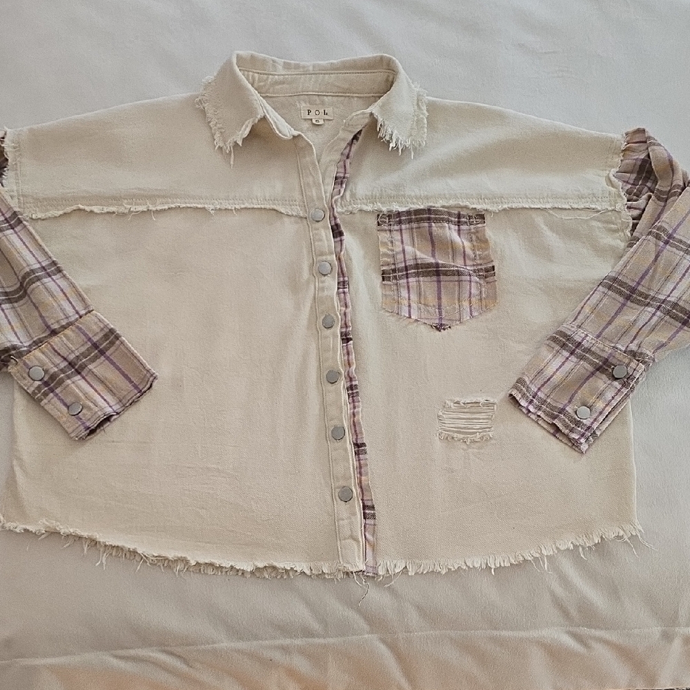 POL Cream and Purple Jean Jacket